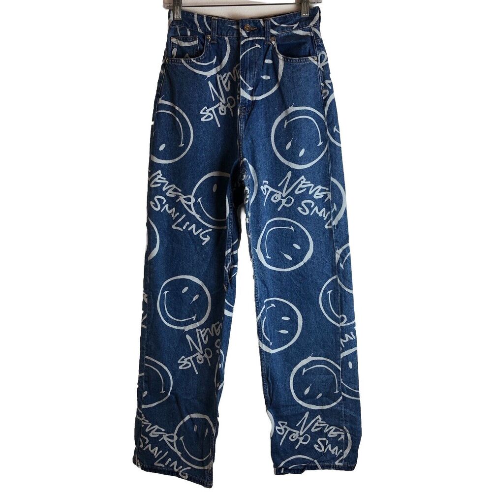 Smiley H&M Womens Jeans Sz 2 Blue High Rise Waist Mom Print Straight Indie Boho